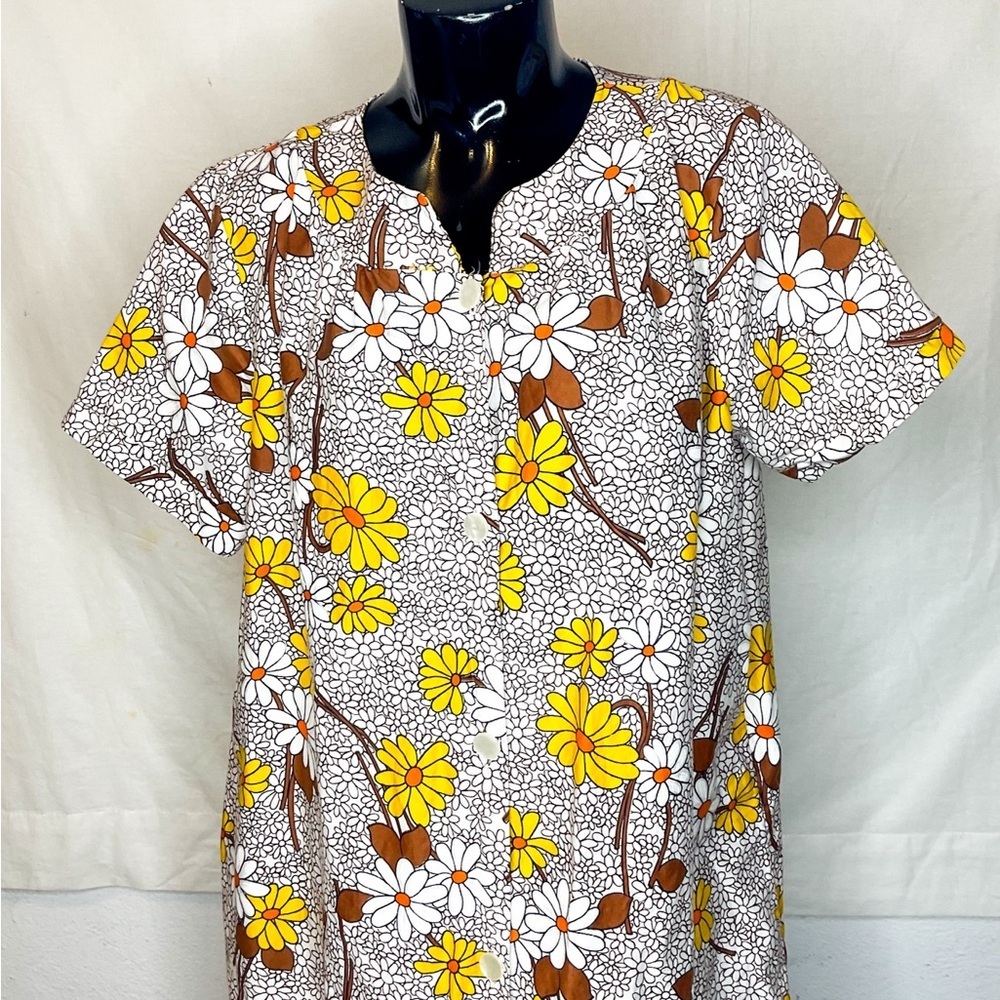 Vintage Daisy Dress Yellow Brown Floral Shift M L
